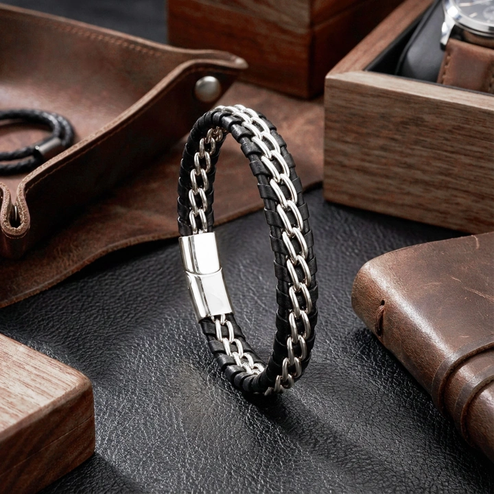 Moncuk Design Çift Zincir Çelik Ve Deri Bileklik 33514B2D2