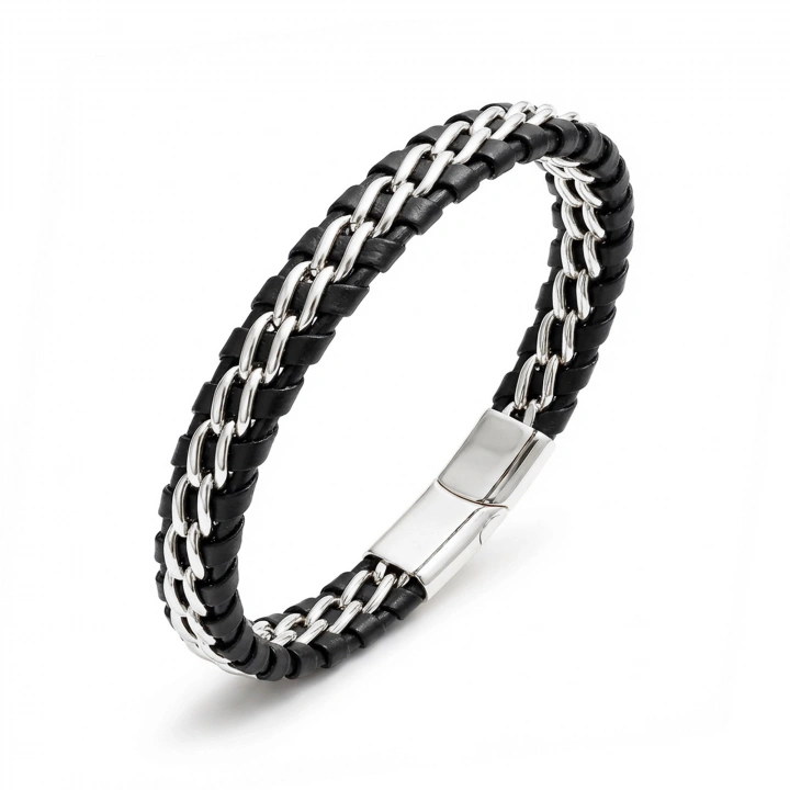 Moncuk Design Çift Zincir Çelik Ve Deri Bileklik 33514B2D2