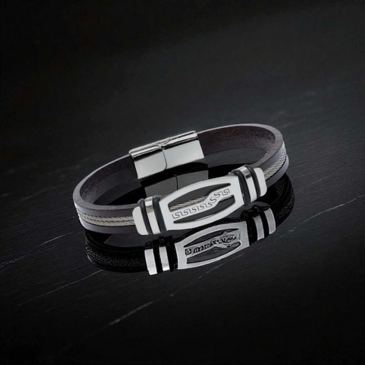 Moncuk Design Deri Kordonlu Çelik Halat Erkek Bileklik 33514B17D6
