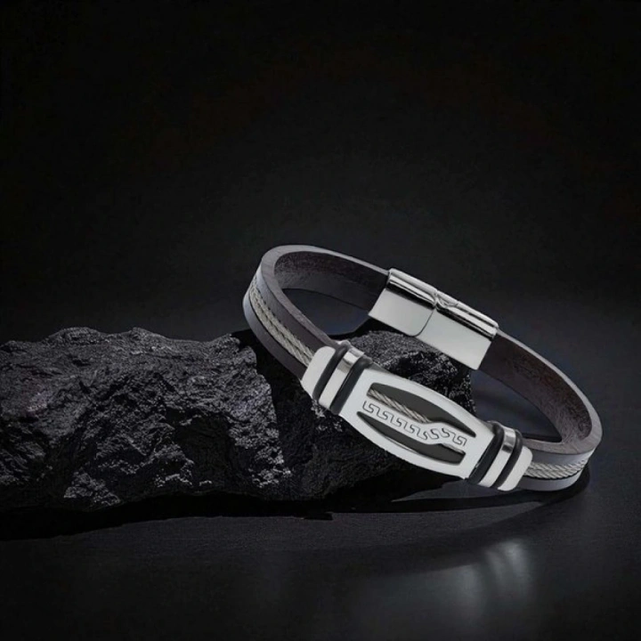 Moncuk Design Deri Kordonlu Çelik Halat Erkek Bileklik 33514B17D6