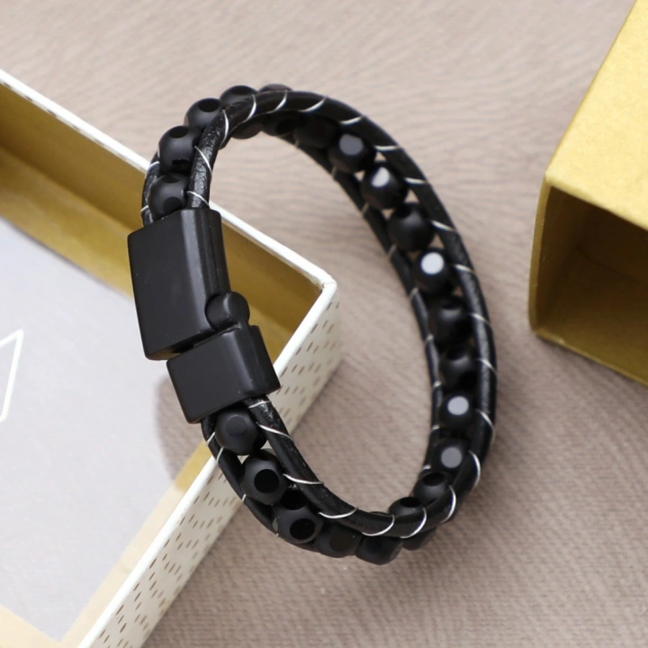 Moncuk Design Desenli Oniks Doğaltaşlı Deri Bileklik 33512B2D8M2