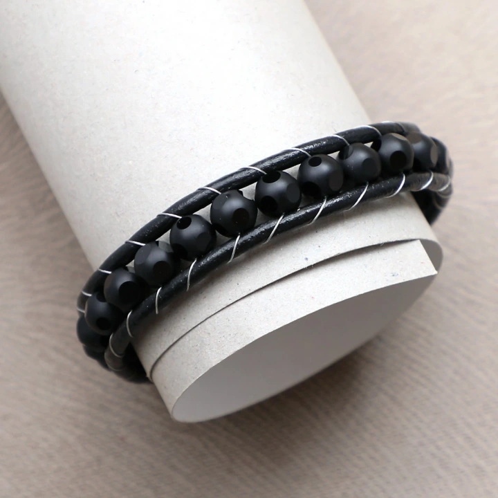 Moncuk Design Desenli Oniks Doğaltaşlı Deri Bileklik 33512B2D8M2