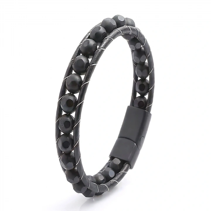 Moncuk Design Desenli Oniks Doğaltaşlı Deri Bileklik 33512B2D8M2