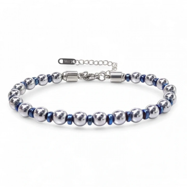 Moncuk Design Gümüş Ve Mavi Renkli Hematit Ayaranabilir Çelik Zincir Bileklik 33512B10D8