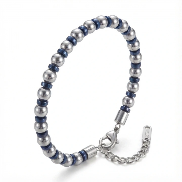 Moncuk Design Gümüş Ve Mavi Renkli Hematit Ayaranabilir Çelik Zincir Bileklik 33512B10D8