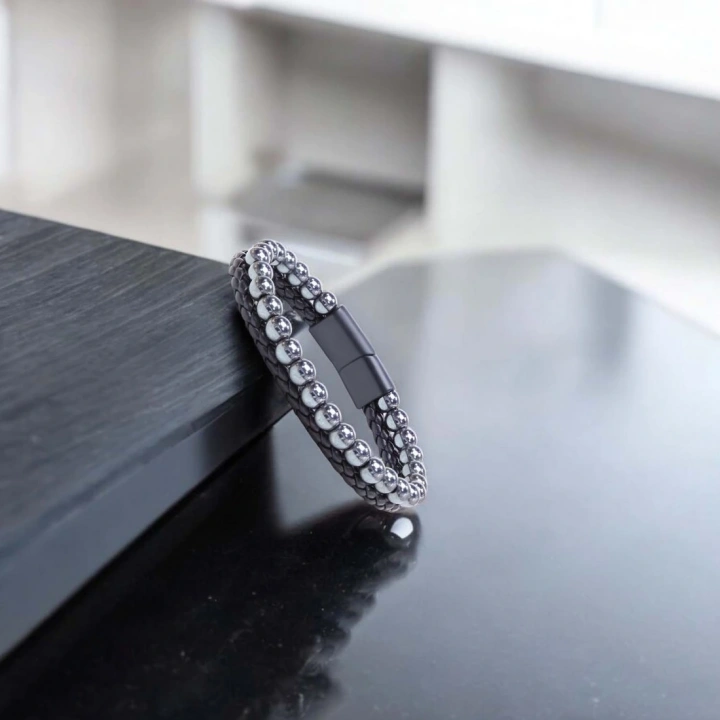 Moncuk Design Hematit Doğaltaş Deri Erkek Bileklik 33512B7D9