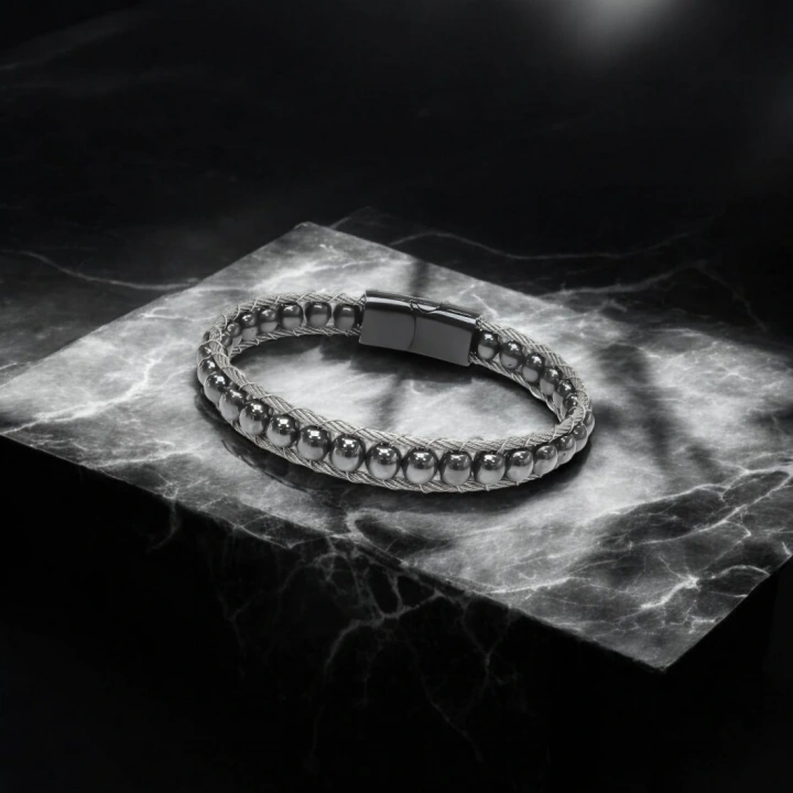 Moncuk Design Hematit Doğaltaş Ve Çelik Halat Örme Bileklik 33512B2DH2