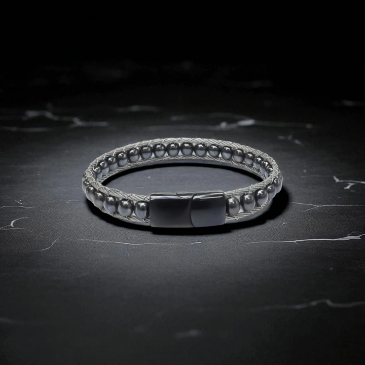 Moncuk Design Hematit Doğaltaş Ve Çelik Halat Örme Bileklik 33512B2DH2