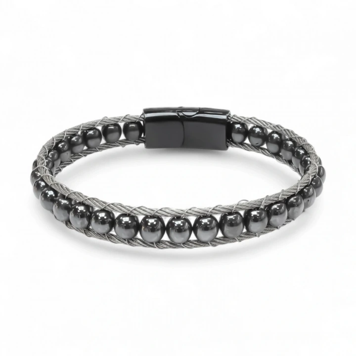 Moncuk Design Hematit Doğaltaş Ve Çelik Halat Örme Bileklik 33512B2DH2