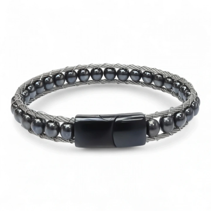 Moncuk Design Hematit Doğaltaş Ve Çelik Halat Örme Bileklik 33512B2DH2