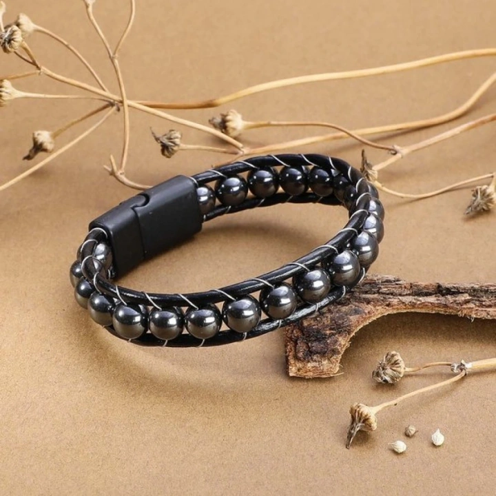 Moncuk Design Hematit Doğaltaşlı Deri Bileklik 33512B2D8M5
