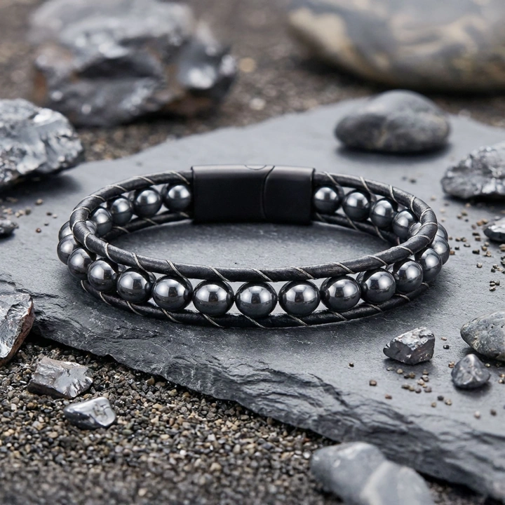 Moncuk Design Hematit Doğaltaşlı Deri Bileklik 33512B2D8M5