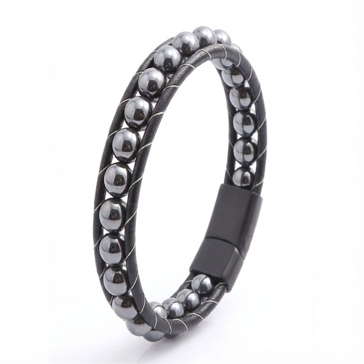 Moncuk Design Hematit Doğaltaşlı Deri Bileklik 33512B2D8M5