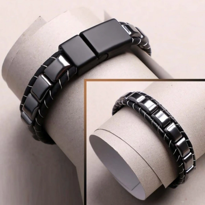 Moncuk Design Hematit Örmeli Deri Bileklik 33512B2D8M04