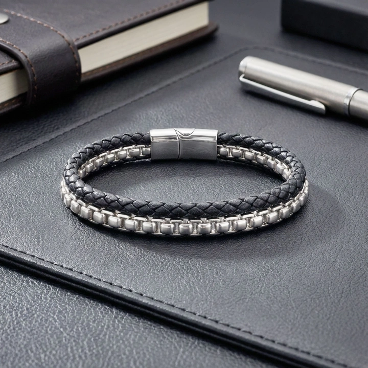 Moncuk Design İkili Deri Ve Çelik Zincir Bileklik 33514B16D1