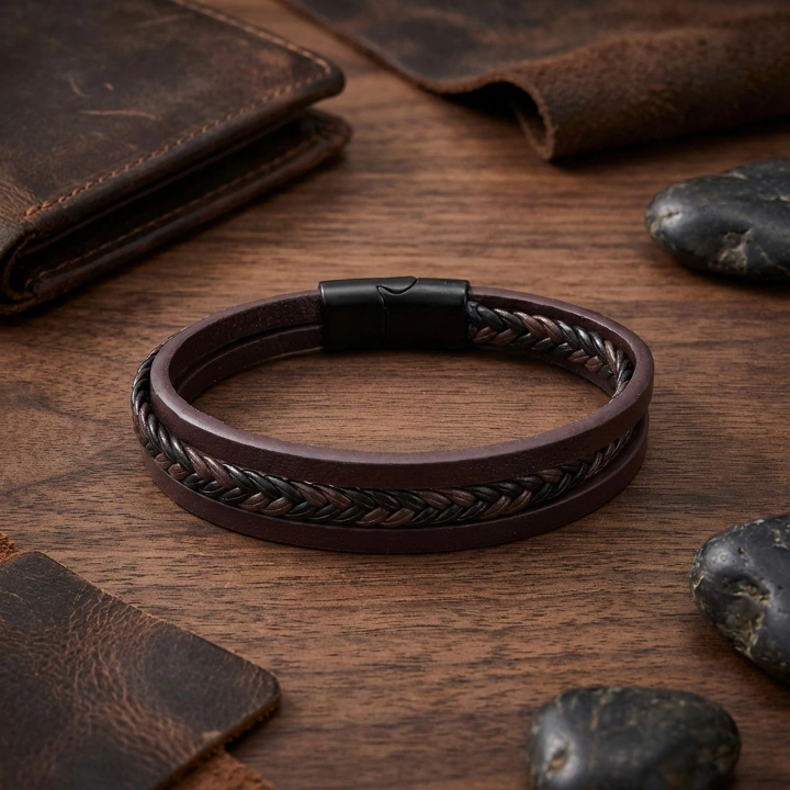 Moncuk Design Kahverengi Siyah Saç Örgü Ve Çelik Bileklik 33513B10D2