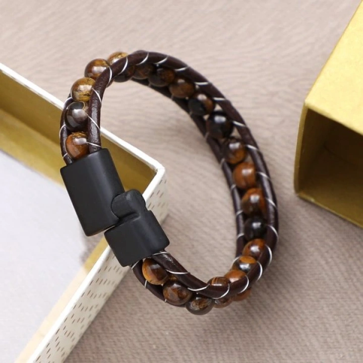 Moncuk Design Kaplan Gözü Doğaltaşlı Deri Bileklik 33512B2D8M11