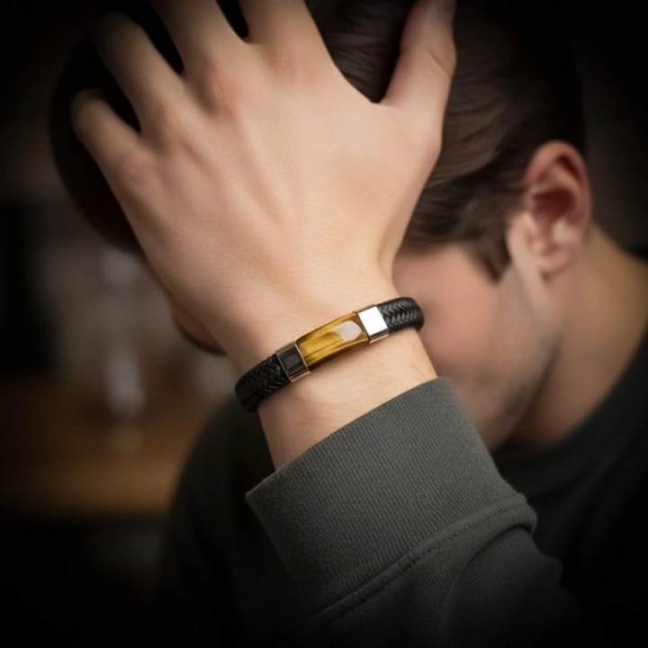 Moncuk Design Kaplan Gözü Taşlı Siyah Deri Erkek Çelik Bileklik 33514B6D1