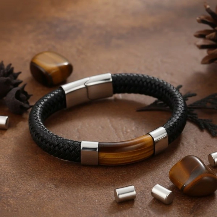 Moncuk Design Kaplan Gözü Taşlı Siyah Deri Erkek Çelik Bileklik 33514B6D1