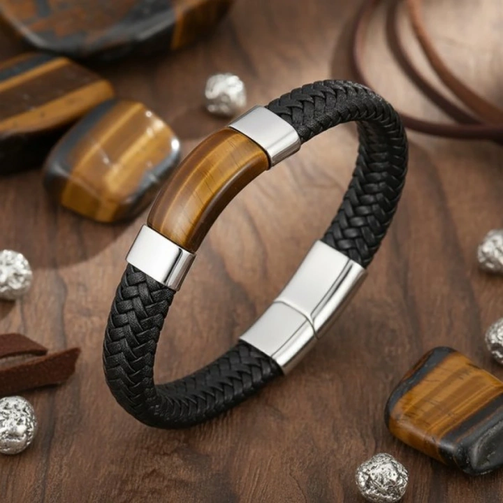 Moncuk Design Kaplan Gözü Taşlı Siyah Deri Erkek Çelik Bileklik 33514B6D1