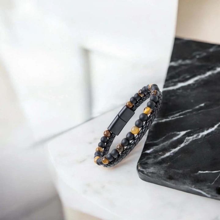 Moncuk Design Kaplan Gözü Ve Oniks Doğaltaş Deri Çelik Bileklik 33512B7D29