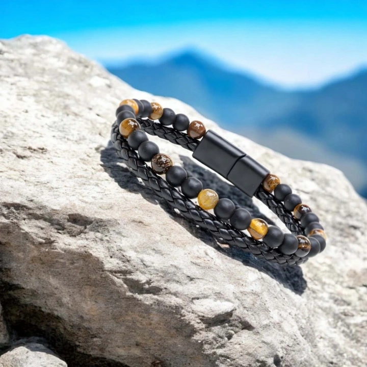 Moncuk Design Kaplan Gözü Ve Oniks Doğaltaş Deri Çelik Bileklik 33512B7D29