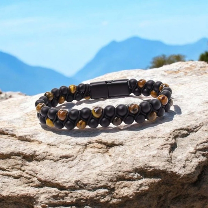 Moncuk Design Kaplan Gözü Ve Oniks Doğaltaş Ve Çelik Halatlı Erkek Bileklik 33512B18D2