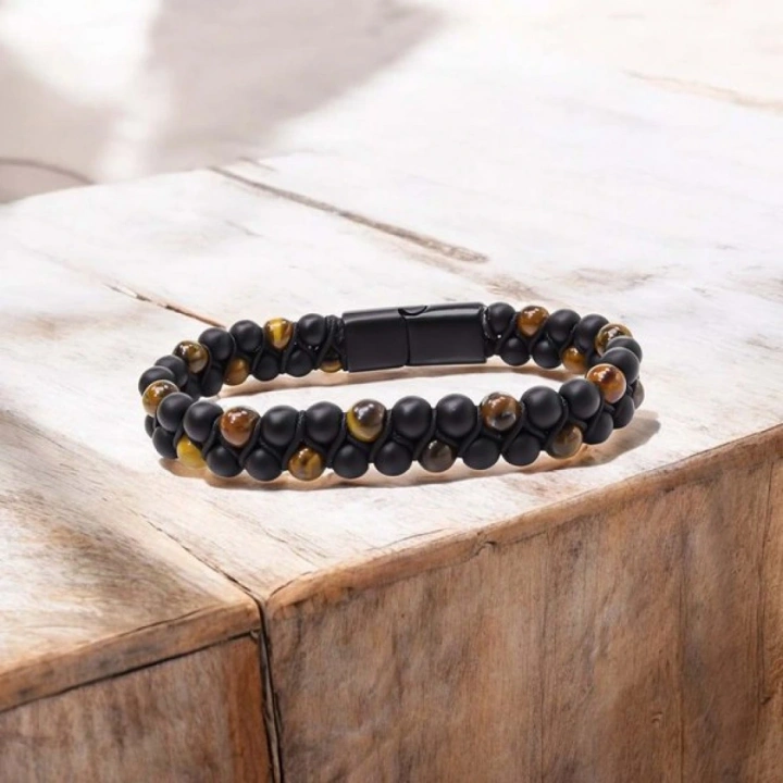 Moncuk Design Kaplan Gözü Ve Oniks Doğaltaş Ve Çelik Halatlı Erkek Bileklik 33512B18D2