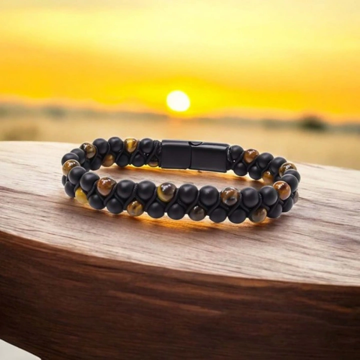 Moncuk Design Kaplan Gözü Ve Oniks Doğaltaş Ve Çelik Halatlı Erkek Bileklik 33512B18D2