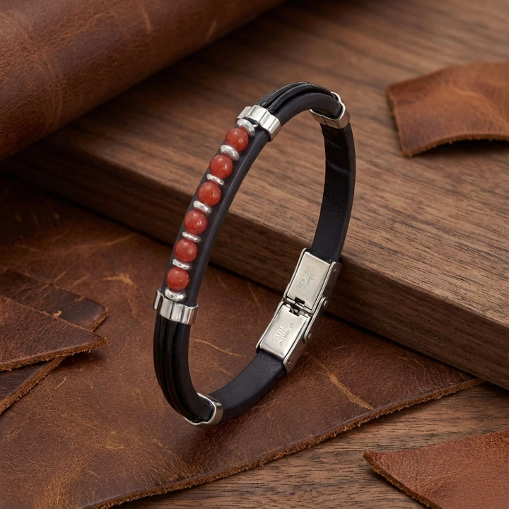 Moncuk Design Kırmızı Akik Taşlı Deri Bileklik 33511G6D4M