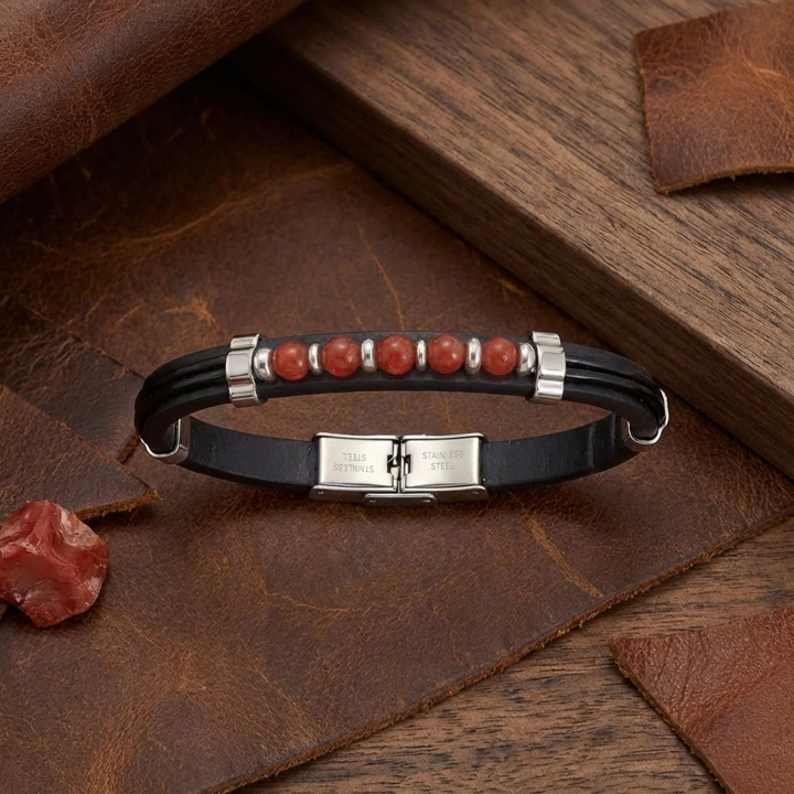 Moncuk Design Kırmızı Akik Taşlı Deri Bileklik 33511G6D4M