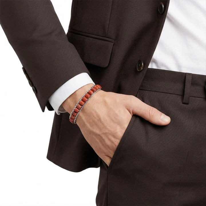 Moncuk Design  Kırmızı Jasper Doğal Taşlı Hasır Örgü Zincirli Erkek Çelik Bileklik 33512B28D18