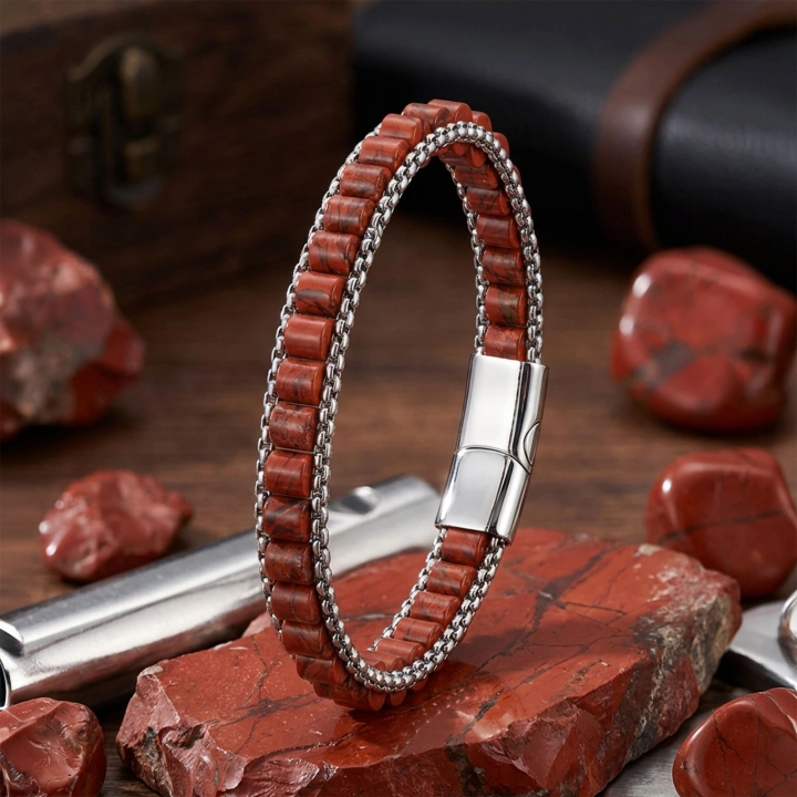 Moncuk Design  Kırmızı Jasper Doğal Taşlı Hasır Örgü Zincirli Erkek Çelik Bileklik 33512B28D18