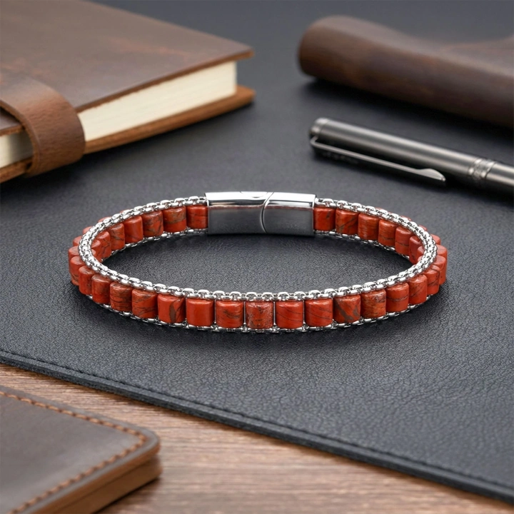 Moncuk Design  Kırmızı Jasper Doğal Taşlı Hasır Örgü Zincirli Erkek Çelik Bileklik 33512B28D18