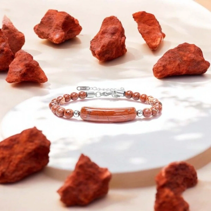 Moncuk Design Kırmızı Jasper Doğaltaş Çelik Halat Ve Çelik Klipsli Bileklik 33512B19D5