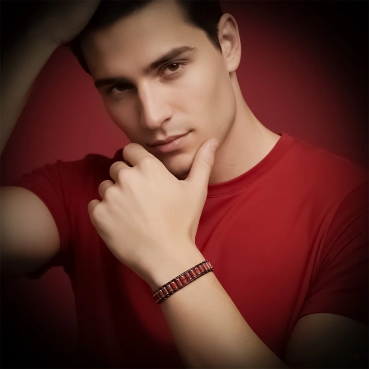 Moncuk Design Kırmızı Jasper & Hematit Çelik Örgülü Deri Bileklik 33512B22D6