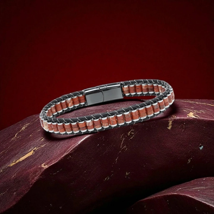 Moncuk Design Kırmızı Jasper & Hematit Çelik Örgülü Deri Bileklik 33512B22D6