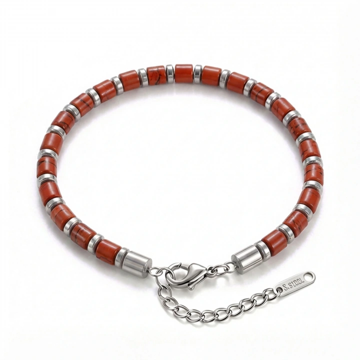 Moncuk Design Kırmızı Jasper & Silver Hematit Taşlı Ayarlanabilir Çelik Zincir Erkek Bileklik 33512B10D4M5