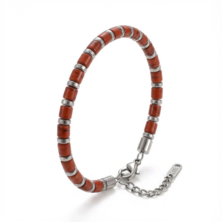 Moncuk Design Kırmızı Jasper & Silver Hematit Taşlı Ayarlanabilir Çelik Zincir Erkek Bileklik 33512B10D4M5