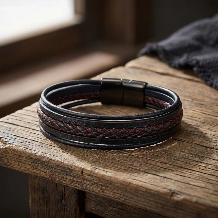 Moncuk Design Kırmızı Siyah Çoklu Deri Bileklik 33513B2D6