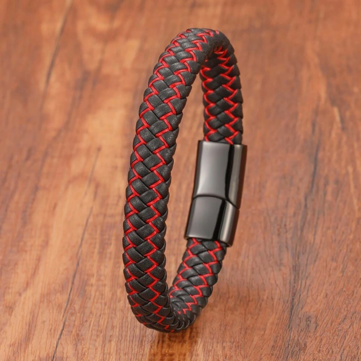Moncuk Design Kırmızı Siyah Deri Örgü Çelik Bileklik 33513B4D2