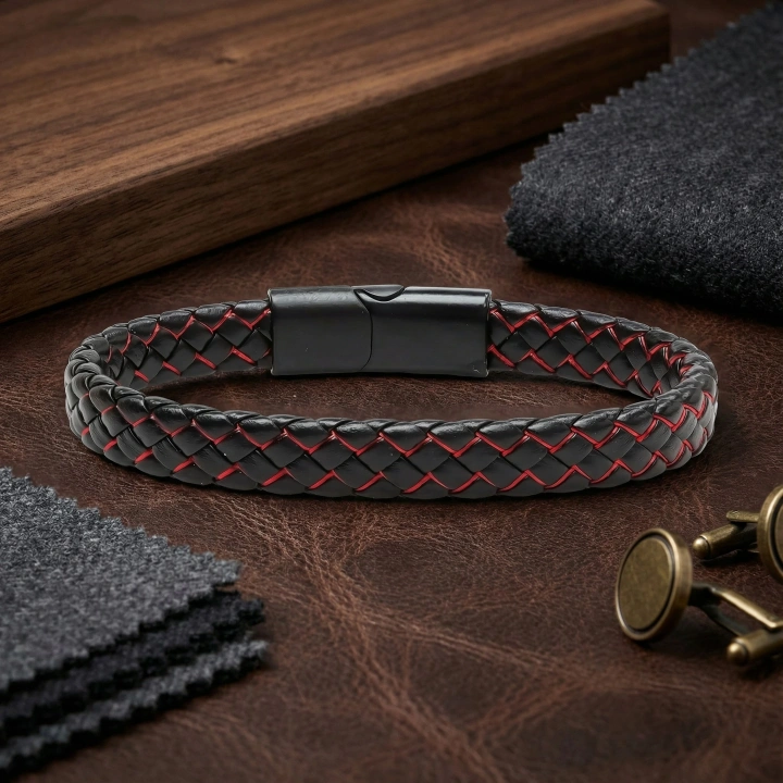 Moncuk Design Kırmızı Siyah Deri Örgü Çelik Bileklik 33513B4D2