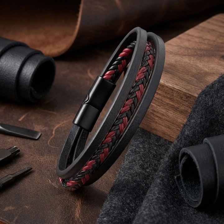 Moncuk Design Kırmızı Siyah Saç Örgü Ve Çelik Bileklik 33513B10D3
