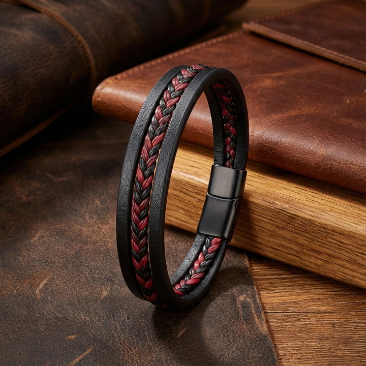 Moncuk Design Kırmızı Siyah Saç Örgü Ve Çelik Bileklik 33513B10D3