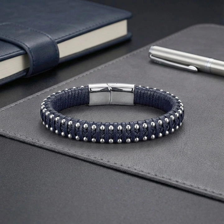 Moncuk Design Lacivert Deri Ve Damla Çelik Zincirli Bileklik 33514B1D2-2