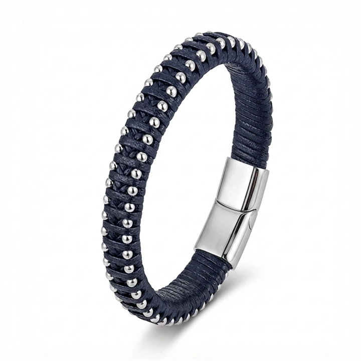 Moncuk Design Lacivert Deri Ve Damla Çelik Zincirli Bileklik 33514B1D2-2