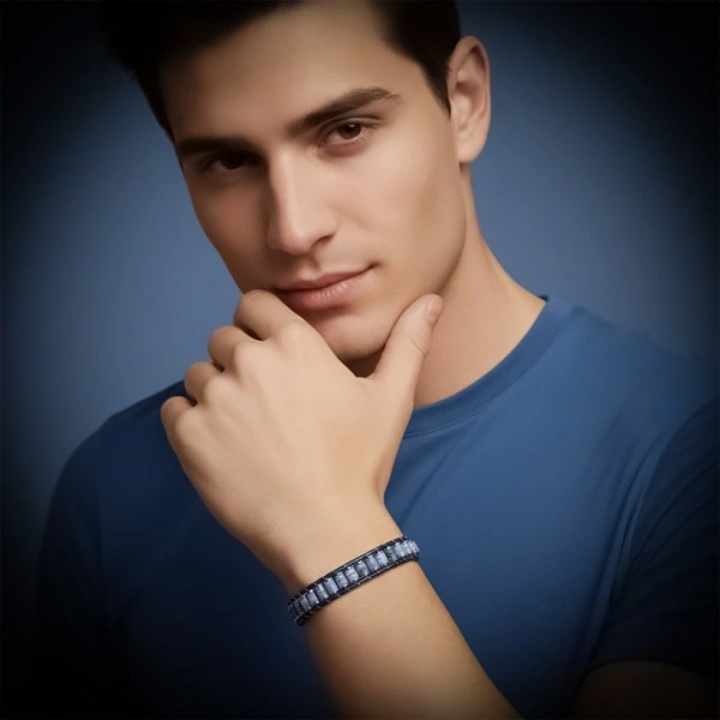 Moncuk Design Mavi Aventurin & Hematit Çelik Örgülü Deri Bileklik 33512B22D4