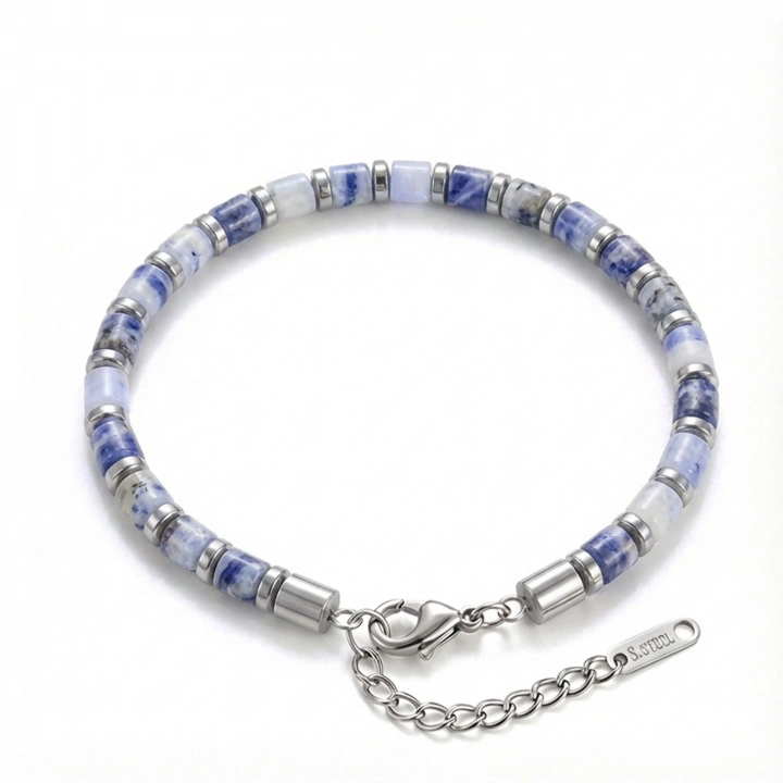 Moncuk Design Mavi Aventurin & Silver Hematit Taşlı Ayarlanabilir Çelik Zincir Erkek Bileklik 33512B10D4M1