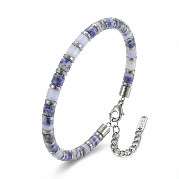 Moncuk Design Mavi Aventurin & Silver Hematit Taşlı Ayarlanabilir Çelik Zincir Erkek Bileklik 33512B10D4M1