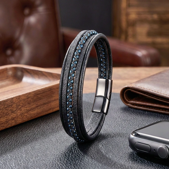 Moncuk Design Mavi Hematit Ve Çoklu Deri Bileklik 33514B3D3
